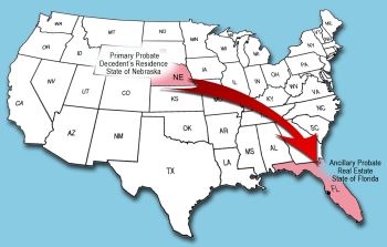 A map showing the primary probate decedent's residence is Nebraska and a red arrow pointing to the ancillary probate real estate in Florida.